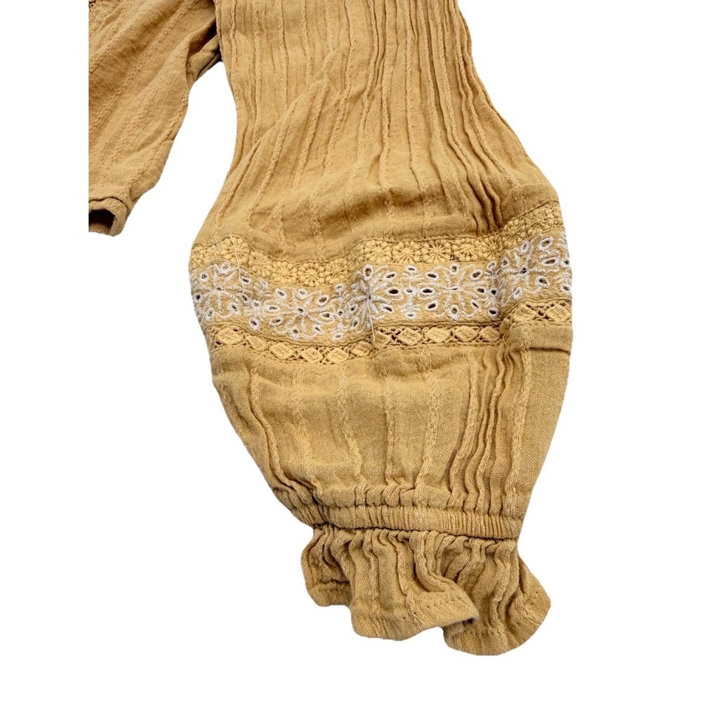 American Eagle Boho Spring Top Sz M Mustard Tassels Lace Eyelet Cropped Festival - Picture 6 of 9